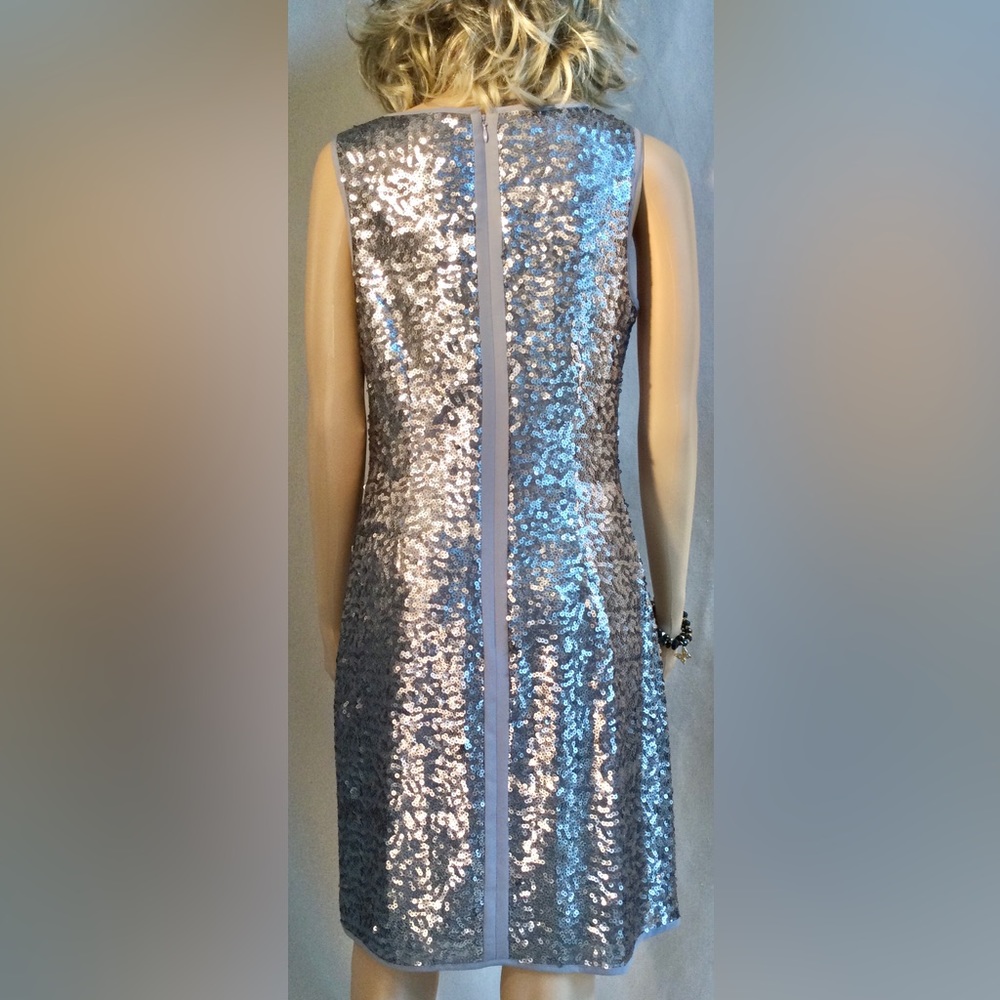 VINCE CAMUTO silver and gray sequined shift midi dress Sleeveless Crew neck S 6 - Picture 3 of 14